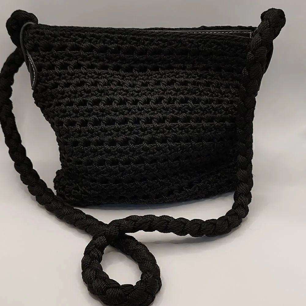 Luxy Black Crochet and Leather Shoulder Bag
